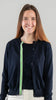 Julie Classic Cardigan in deep navy cotton trimmed with kelly green, white and navy grosgrain ribbon by Noyac Knits