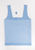 Light blue square neck Breton stripe sleeveless knit tank from Noyac Knits in environmentally sustainable stretch viscose.  This piece has a coastal vibe that pairs beautifully with summer pants and skirts with flattering neckline.