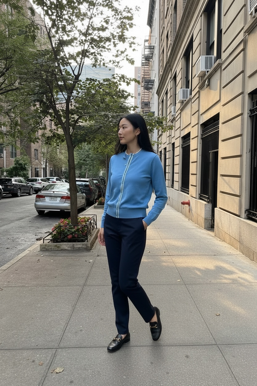 Navy pants styled with a French blue Noyac Knits cotton cardigan for a cool-toned color combination.