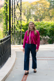 Grace Crop Cardigan in Raspberry Pink Merino with Ribbon Trim