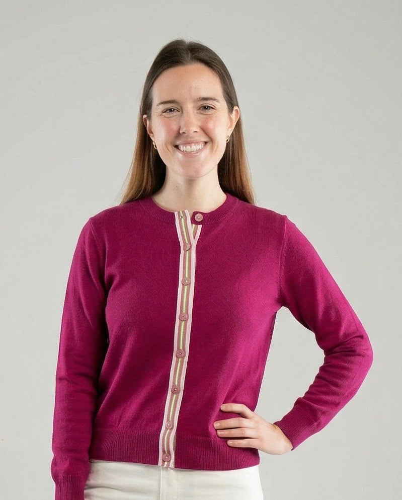 Grace Classic Cardigan in Raspberry Pink Merino with Ribbon Trim