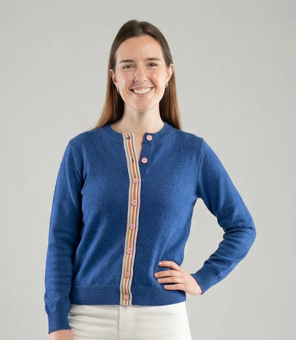 Sissy Classic Cardigan in Cobalt Blue Merino with Ribbon Trim