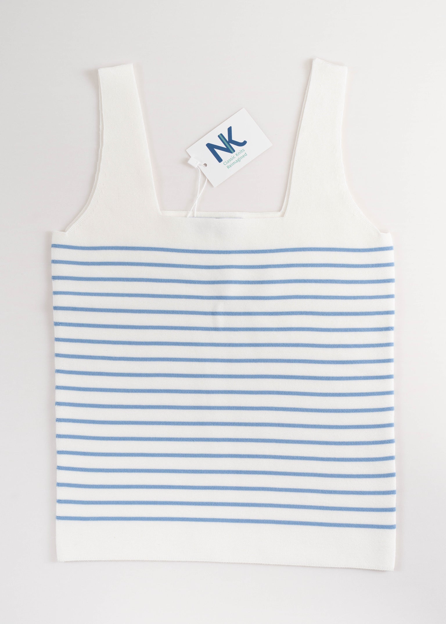 Noyac Knits white square neck tank top with light blue stripes on a white background in machine washable ecoviscose