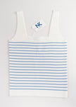 Noyac Knits white square neck tank top with light blue stripes on a white background in machine washable ecoviscose