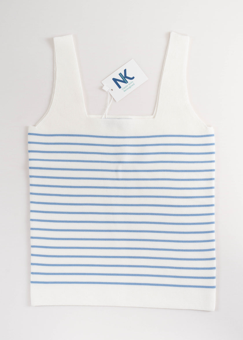Noyac Knits white square neck tank top with light blue stripes on a white background in machine washable ecoviscose