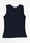 
Flat lay photo of Noyac Knits navy scoop neck sleeveless top in lightweight and environmentally sustainable ecoviscose on a white background
