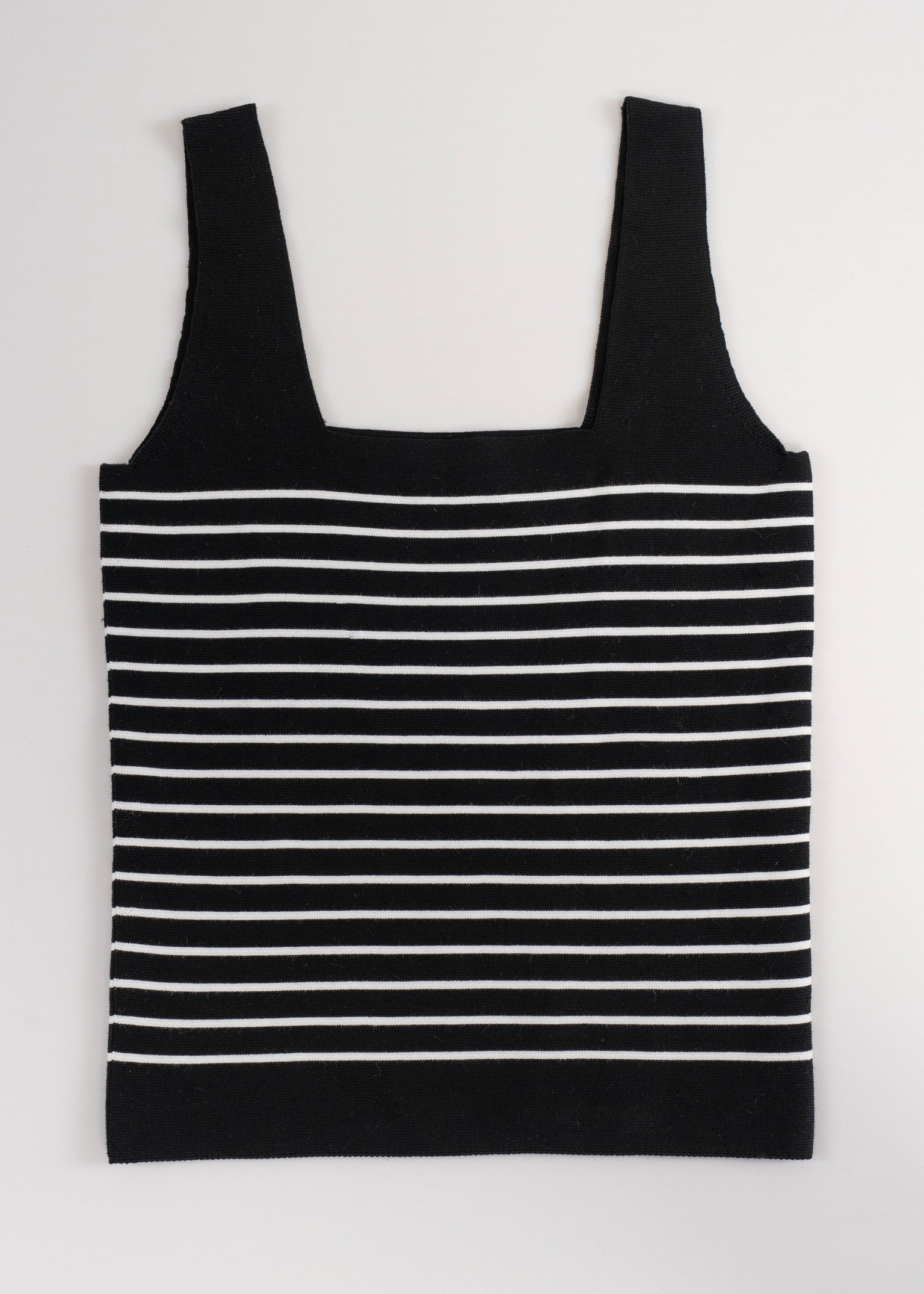 Noyac Knits navy square neck tank top with white stripes on a white background in machine washable ecoviscose