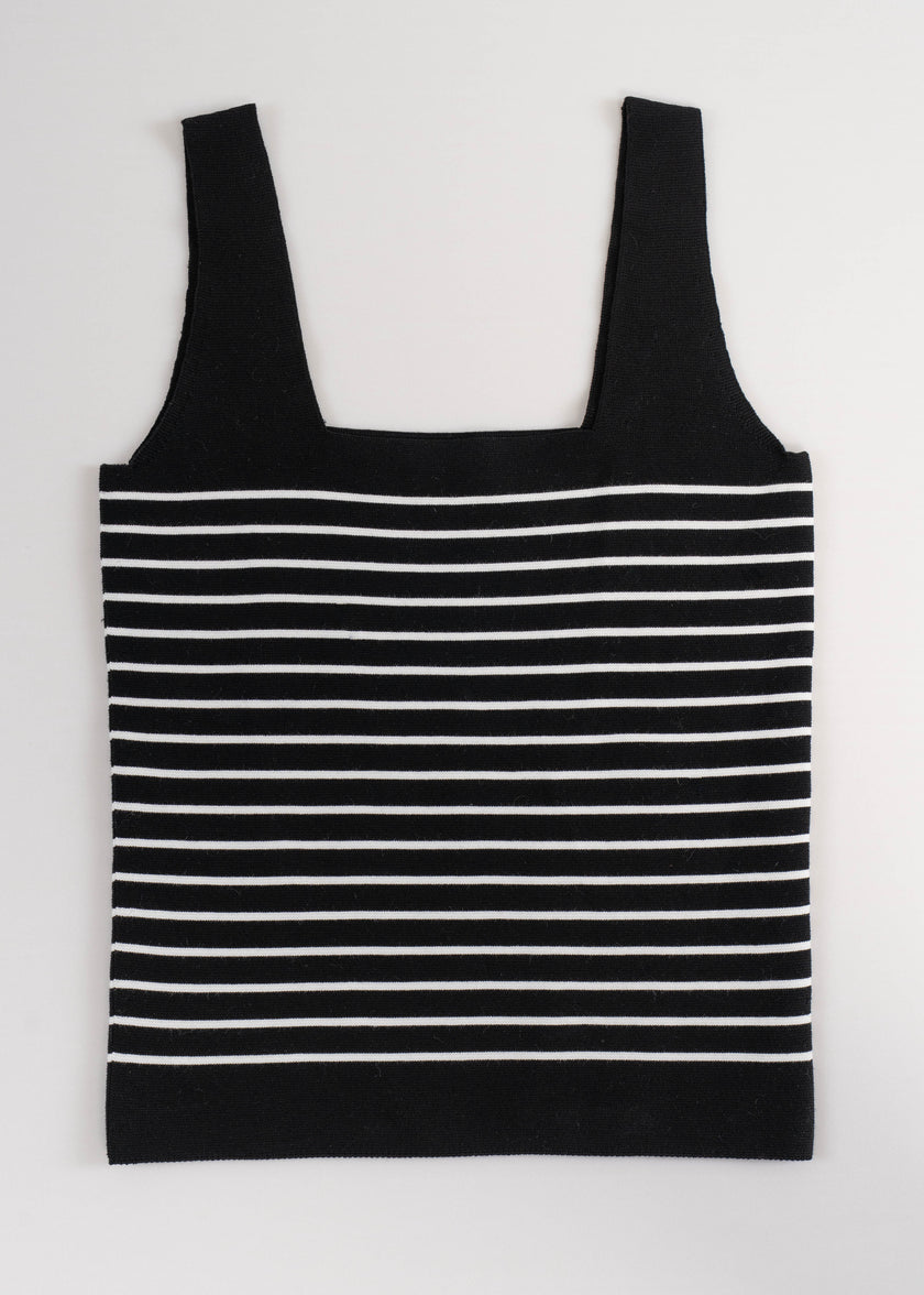 Noyac Knits navy square neck tank top with white stripes on a white background in machine washable ecoviscose