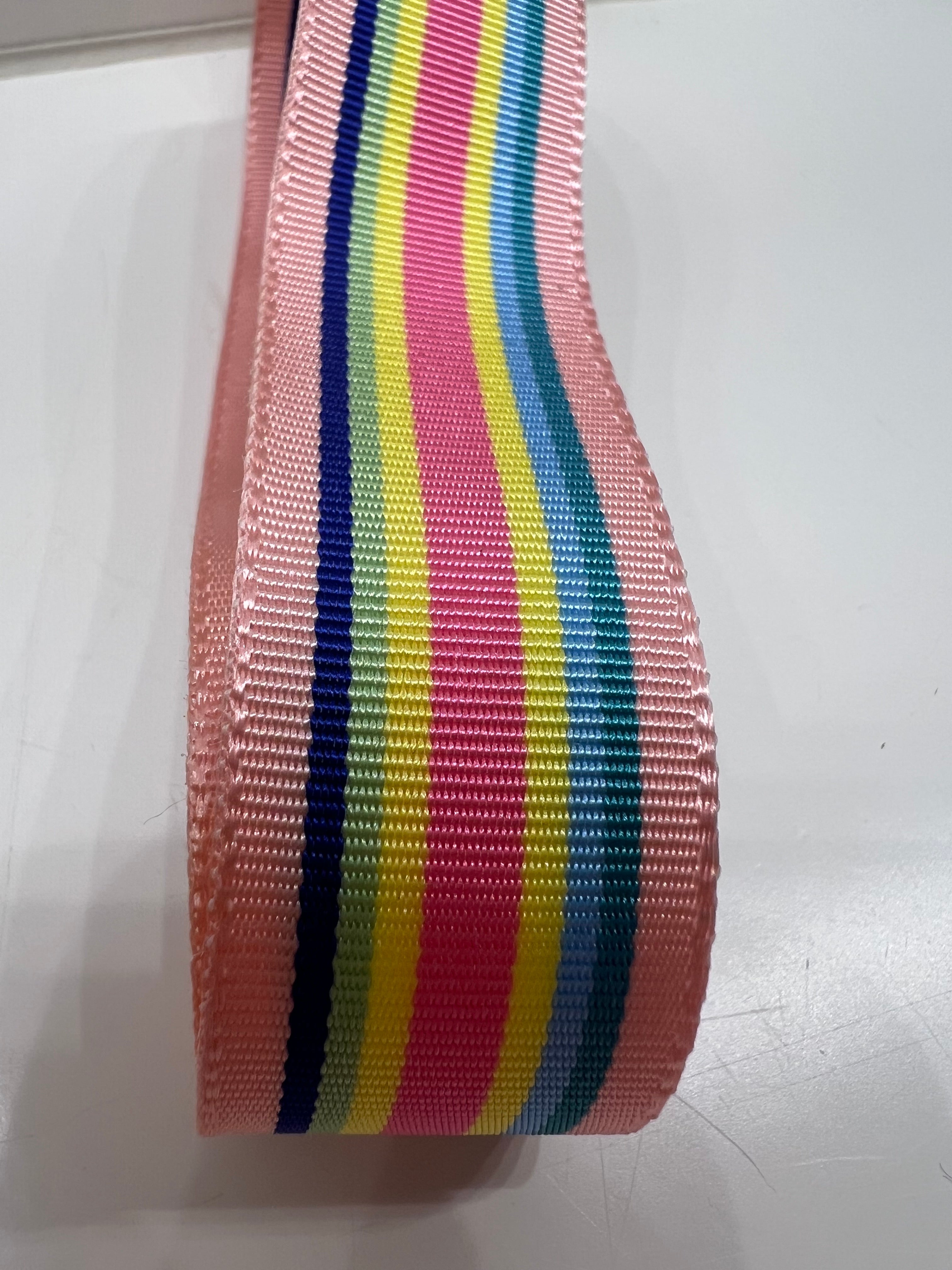 Close up of grosgrain ribbon with rainbow stripes in light pink, hot pink, light blue, teal, lemon yell, bright green and cobalt on a plain background.