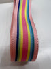Close up of grosgrain ribbon with rainbow stripes in light pink, hot pink, light blue, teal, lemon yell, bright green and cobalt on a plain background.