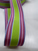 Close up of grosgrain ribbon with spring green center stripe inside thinner stripes of white, blue, dark pink, light pink, lilac, and black on plain background.