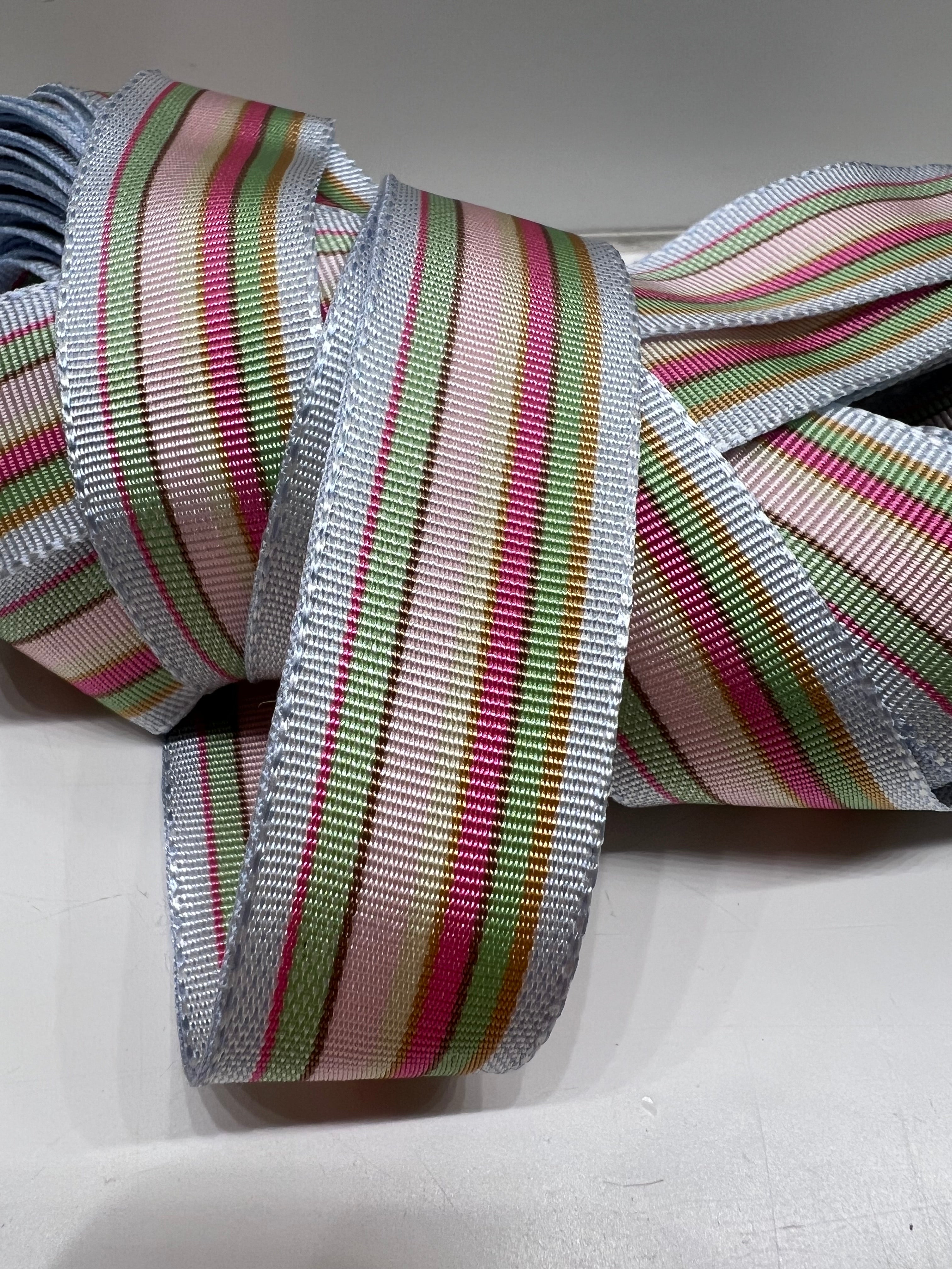 Close up of grosgrain ribbon with pastel stripes of baby blue, light pink, mint green, light tan, dark pink, and tan on plain background.