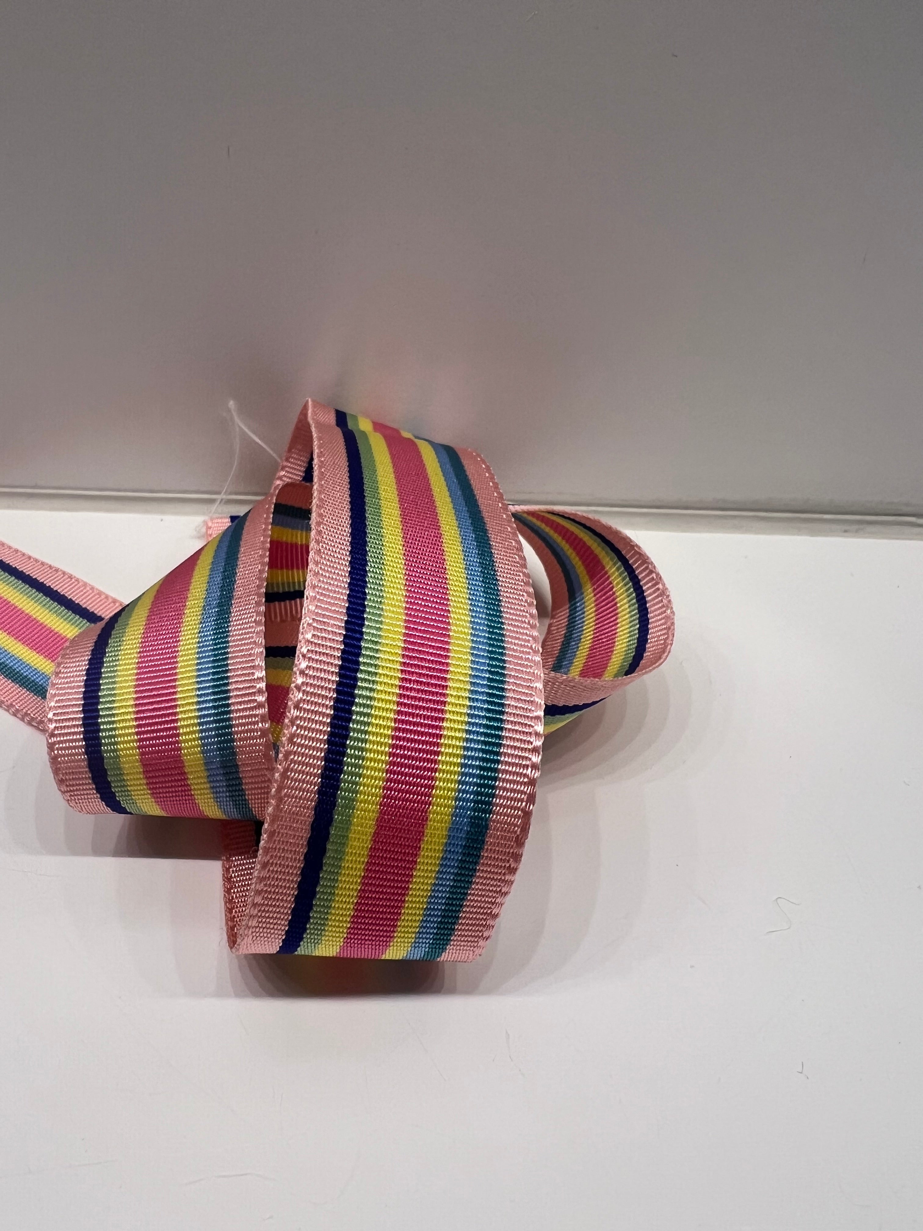 Close up of rainbow striped ribbon with light pink, dark pink, light blue, teal blue, light green, cobalt blue, and yellow stripes on  a white background