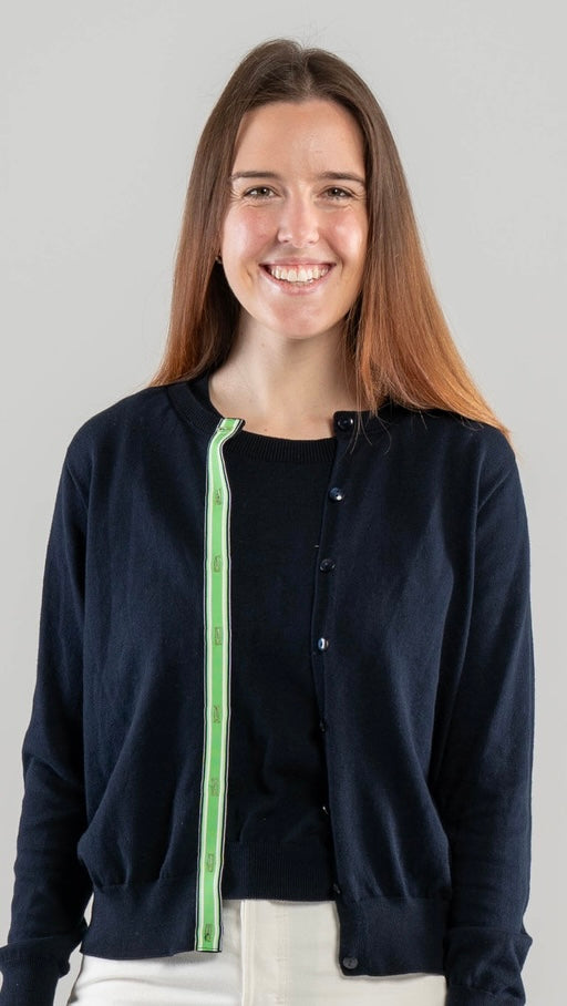 Julie Classic Cardigan in Navy Cotton with Ribbon Trim