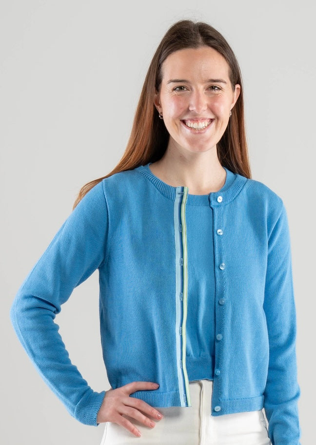 Allison Crop Cardigan in French Blue Cotton with Ribbon Trim