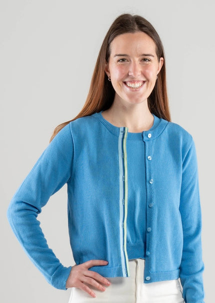 Allison Crop Cardigan in French Blue Cotton with Ribbon Trim