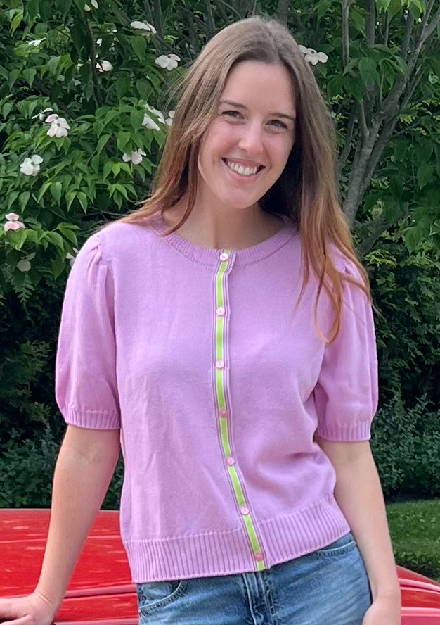 Pamela Puff-Sleeve Cardigan in Orchid Pink with Ribbon trim