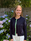 Julie Crop Cardigan in Navy Cotton with Ribbon Trim