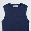 Noyac Knits navy ribbed knit crew neck sleeveless sweater in environmentally sustainable ecoviscose on a white  background 