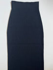 Lay flat image of Noyac Knits navy stretch ribbed knit midi skirt  in environmentally sustainable ecoviscose on a white background
