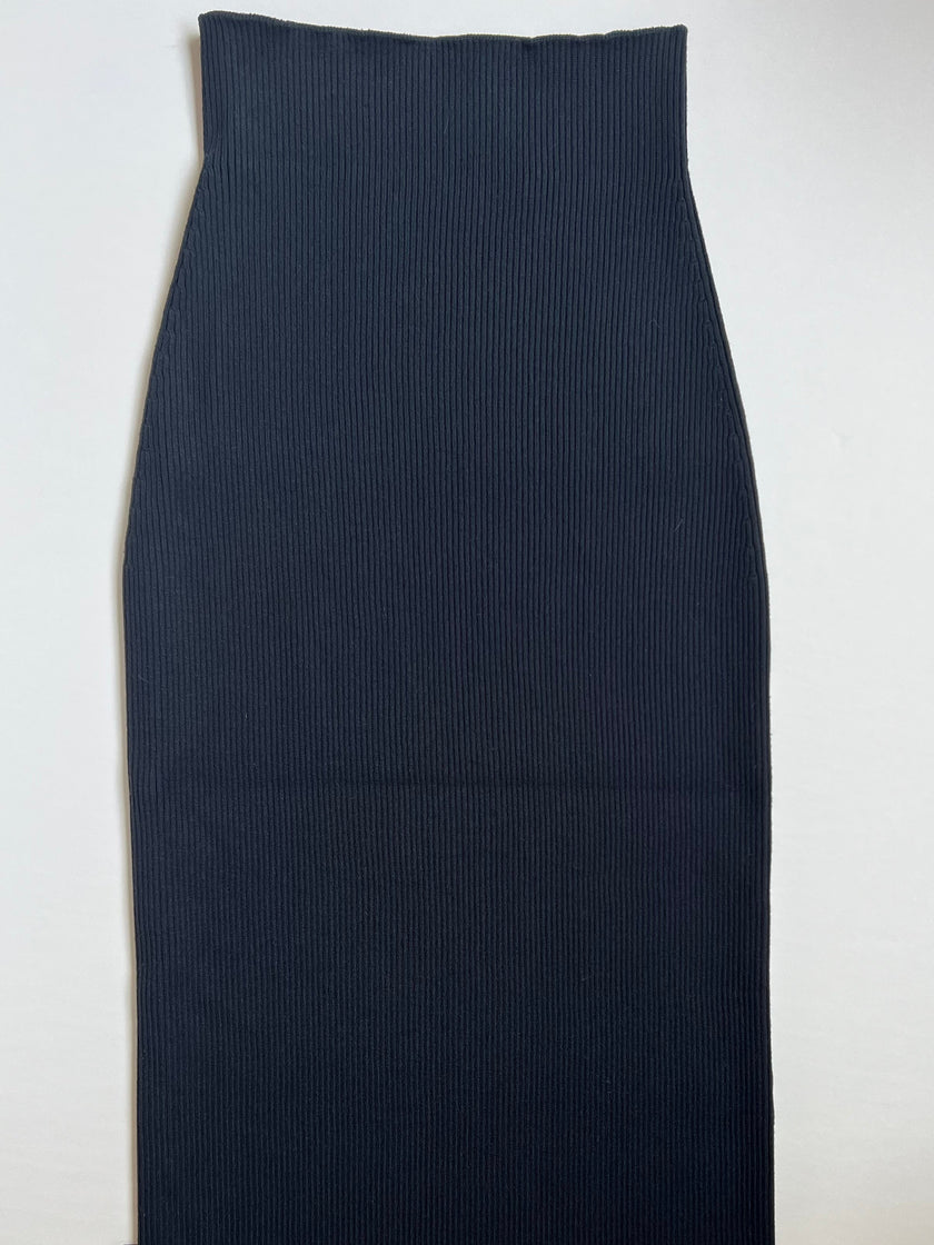 Lay flat image of Noyac Knits navy stretch ribbed knit midi skirt  in environmentally sustainable ecoviscose on a white background
