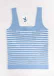 Noyac Knits light blue square neck tank top with white stripes on a white background in machine washable ecoviscose