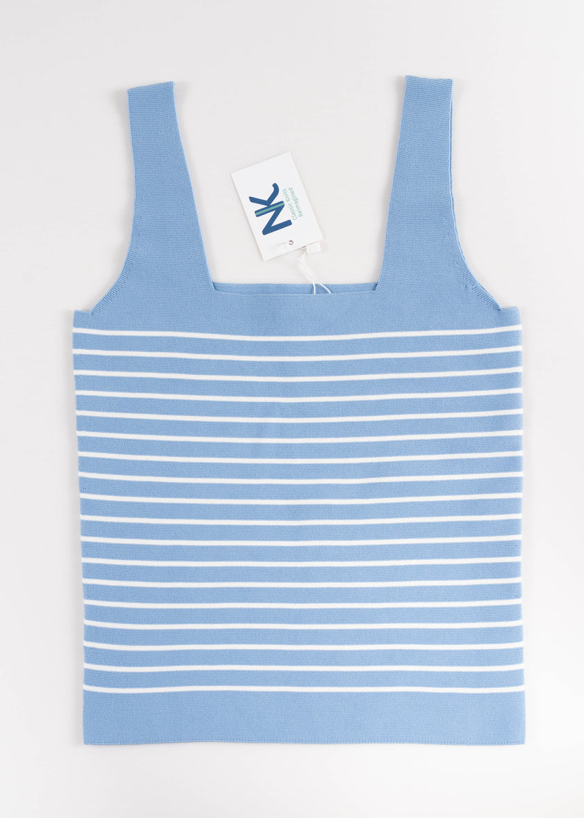 Noyac Knits light blue square neck tank top with white stripes on a white background in machine washable ecoviscose
