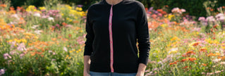 Kate Classic Cardigan in Black Merino with Ribbon Trim